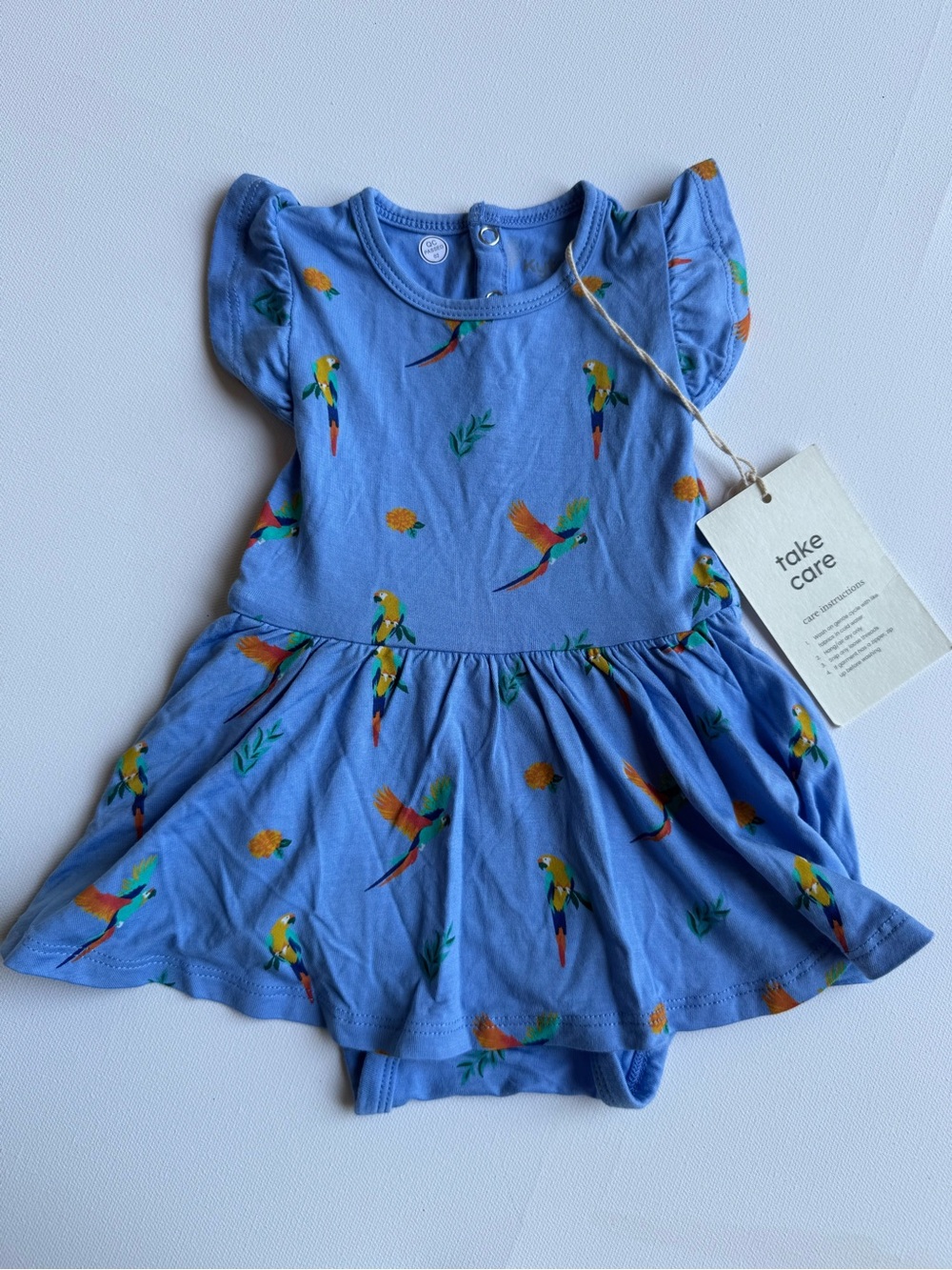 Kyte BABY NWT Blue Parrot Print Flutter Dress,‎ Size 3-6